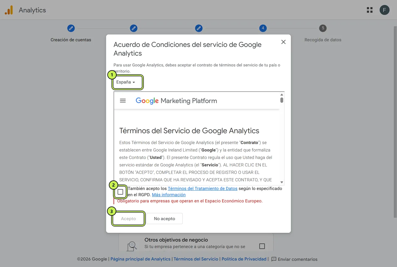 Aceptar el acuerdo de condiciones del servicio de Google Analytics y los términos del tratamiento de datos (RGPD)