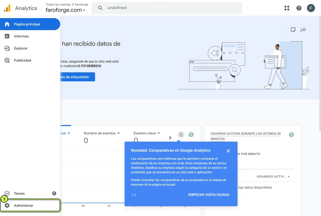 Botón Administrar de Google Analytics, abajo a la izquierda