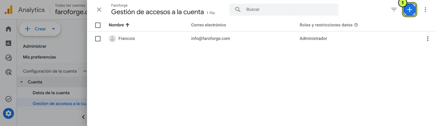 Botón para añadir permisos de acceso a usuarios nuevos en Google Analytics