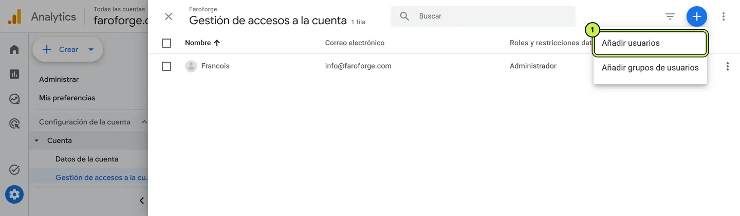 Menú Añadir usuarios en Google Analytics