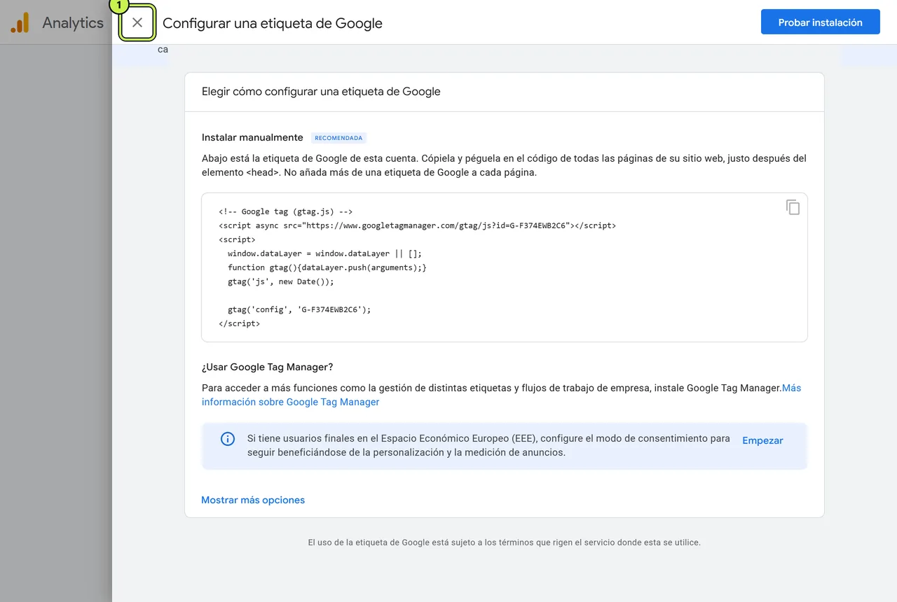 Ventana de instrucciones de la etiqueta de Google (gtag.js) y la X para cerrarla