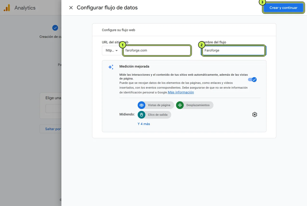 Configurar el flujo de datos web de Google Analytics: URL del sitio y nombre del flujo