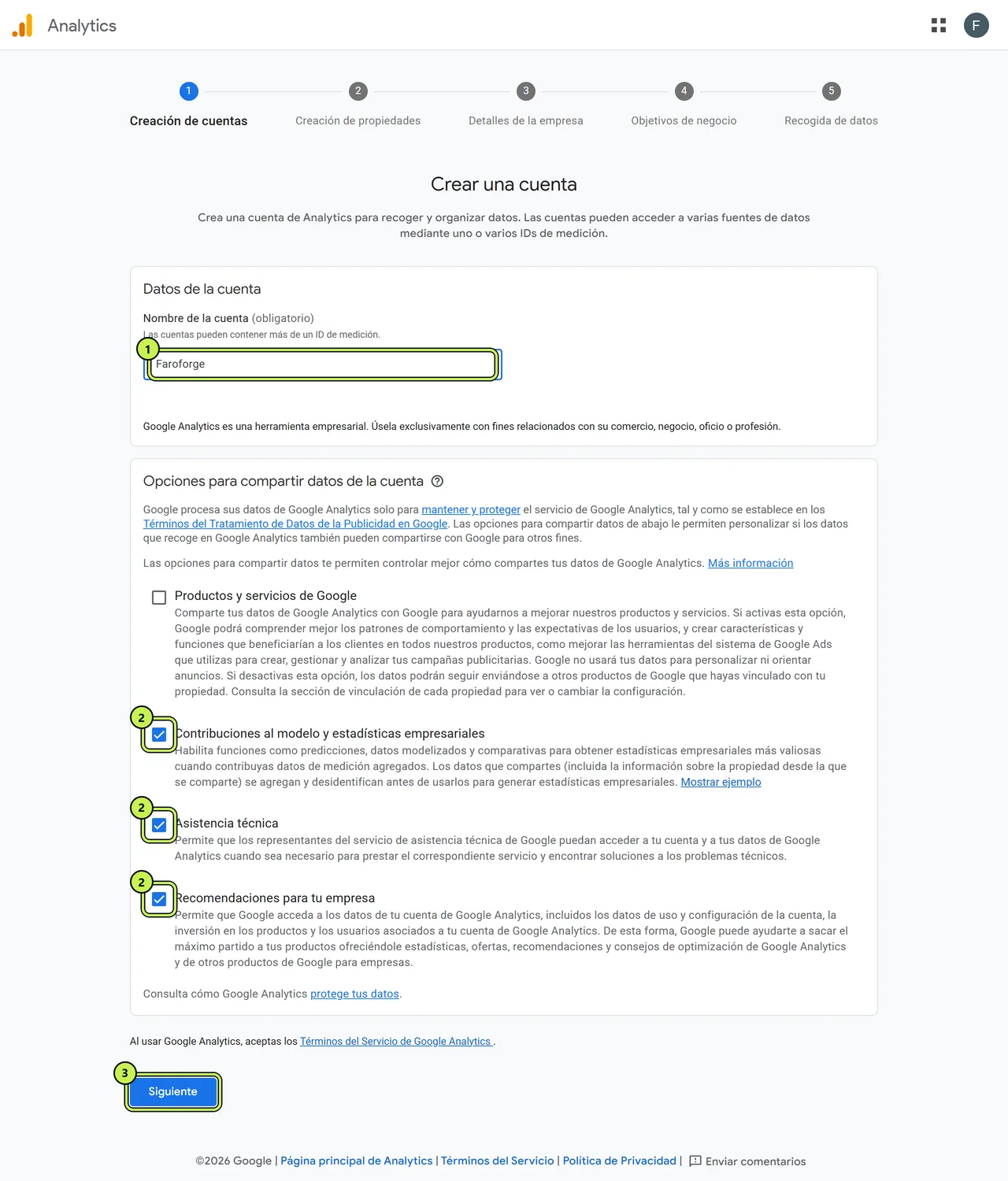 Crear una cuenta de Google Analytics: nombre de la cuenta y opciones para compartir datos