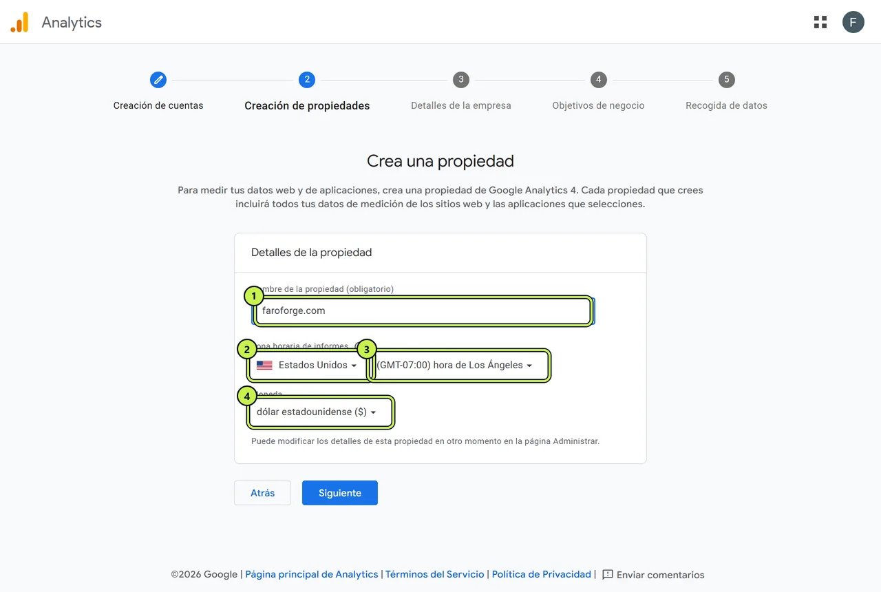 Crear una propiedad de Google Analytics 4 con Estados Unidos, hora de Los Ángeles y dólar por defecto