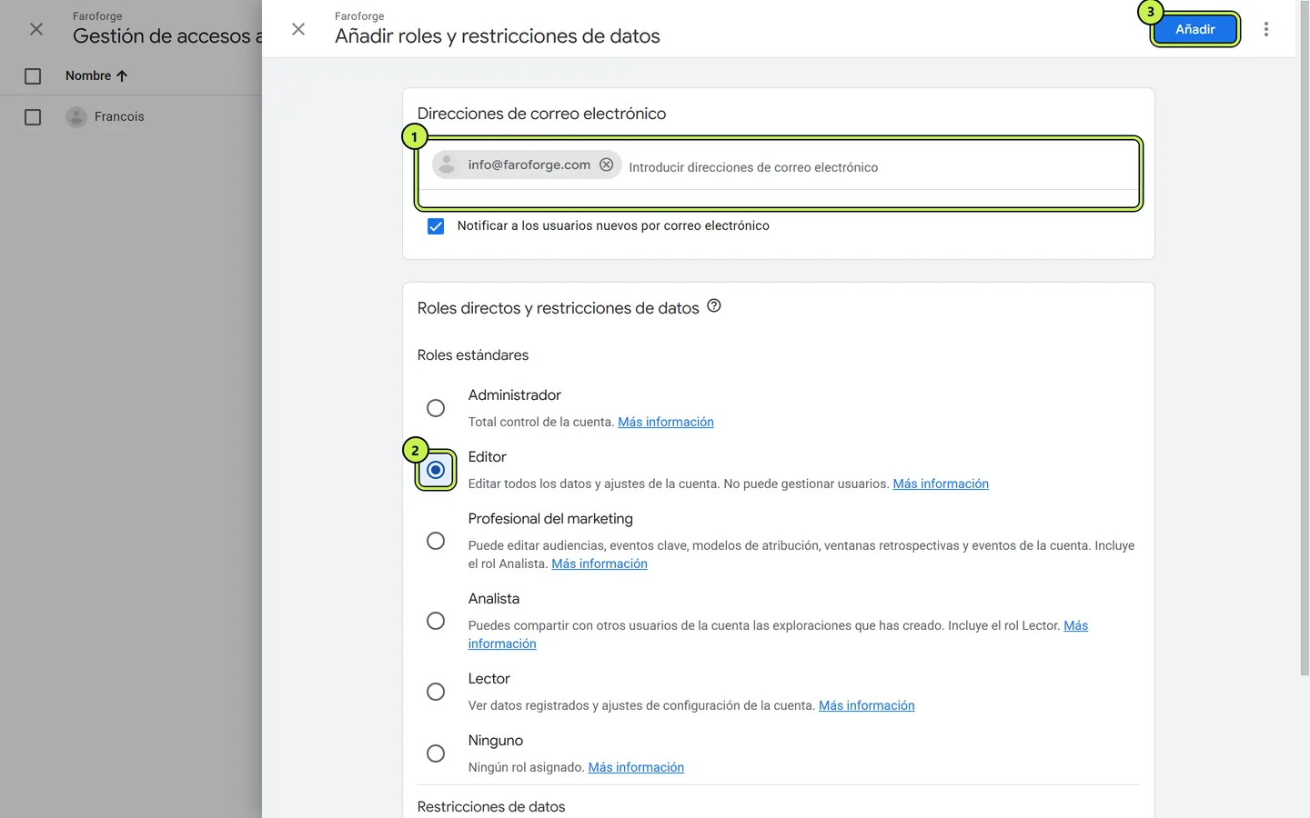Dar acceso de Editor a un usuario en Google Analytics: correo y rol