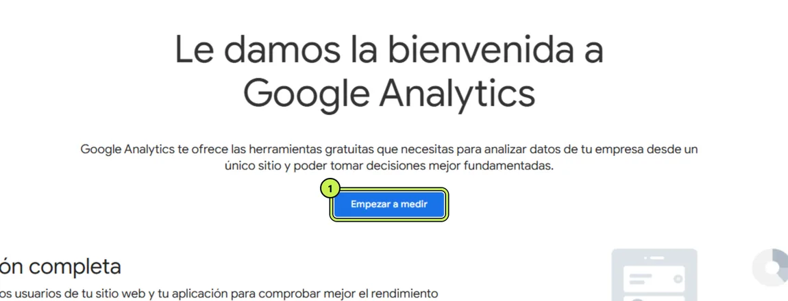 Pantalla de bienvenida de Google Analytics con el botón Empezar a medir