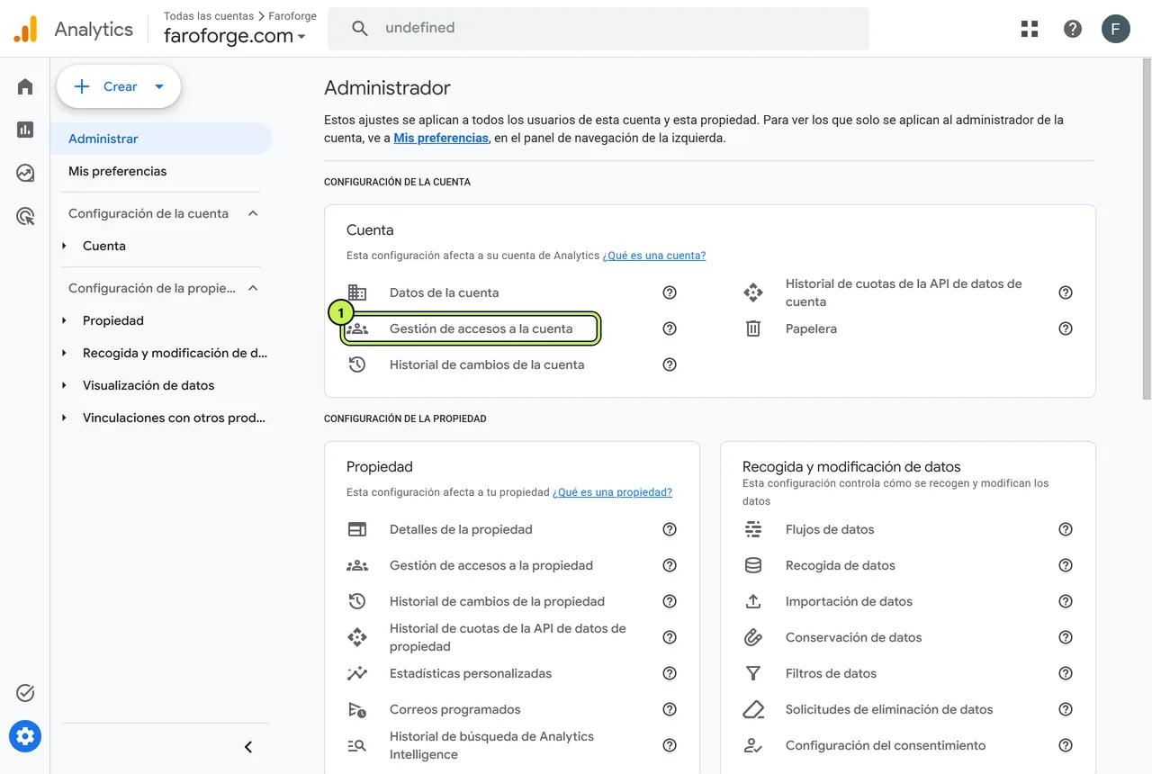 Gestión de accesos a la cuenta en el administrador de Google Analytics