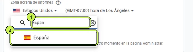 Elegir España como país de la zona horaria en Google Analytics