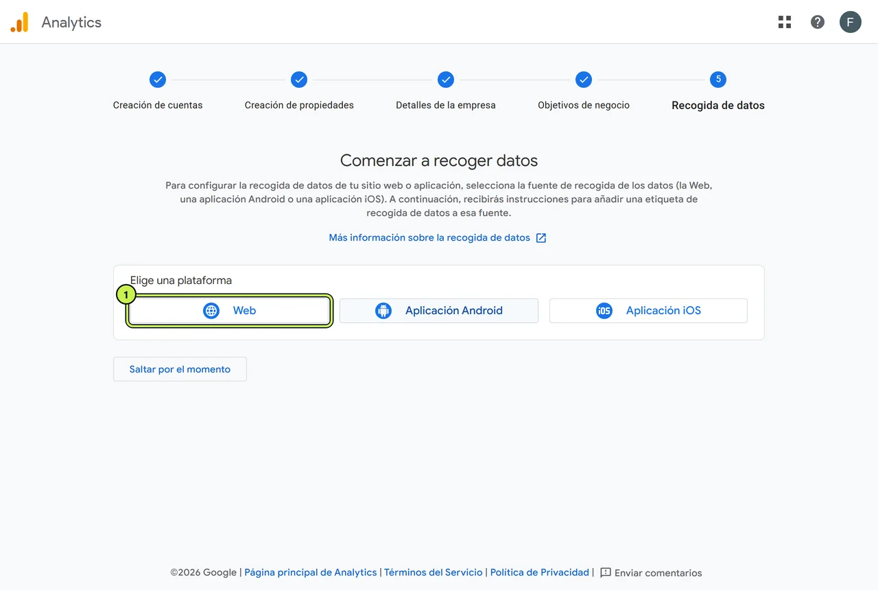 Elegir la plataforma Web para empezar a recoger datos en Google Analytics