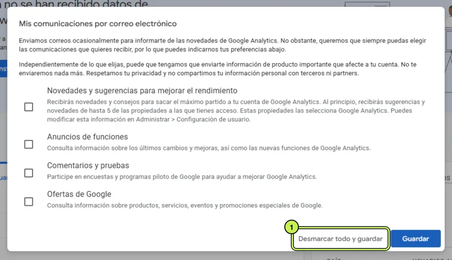 Preferencias de correo de Google Analytics: desmarcar todo y guardar