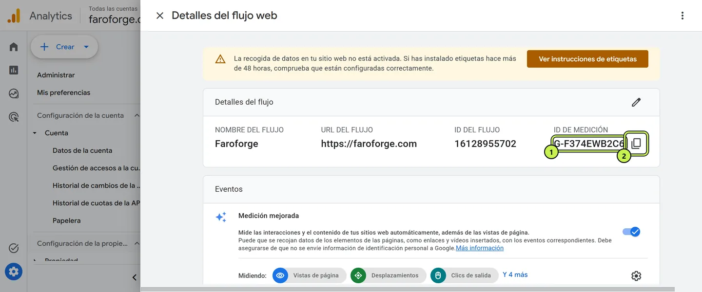 Dónde está el ID de medición de Google Analytics (G-) en los detalles del flujo web
